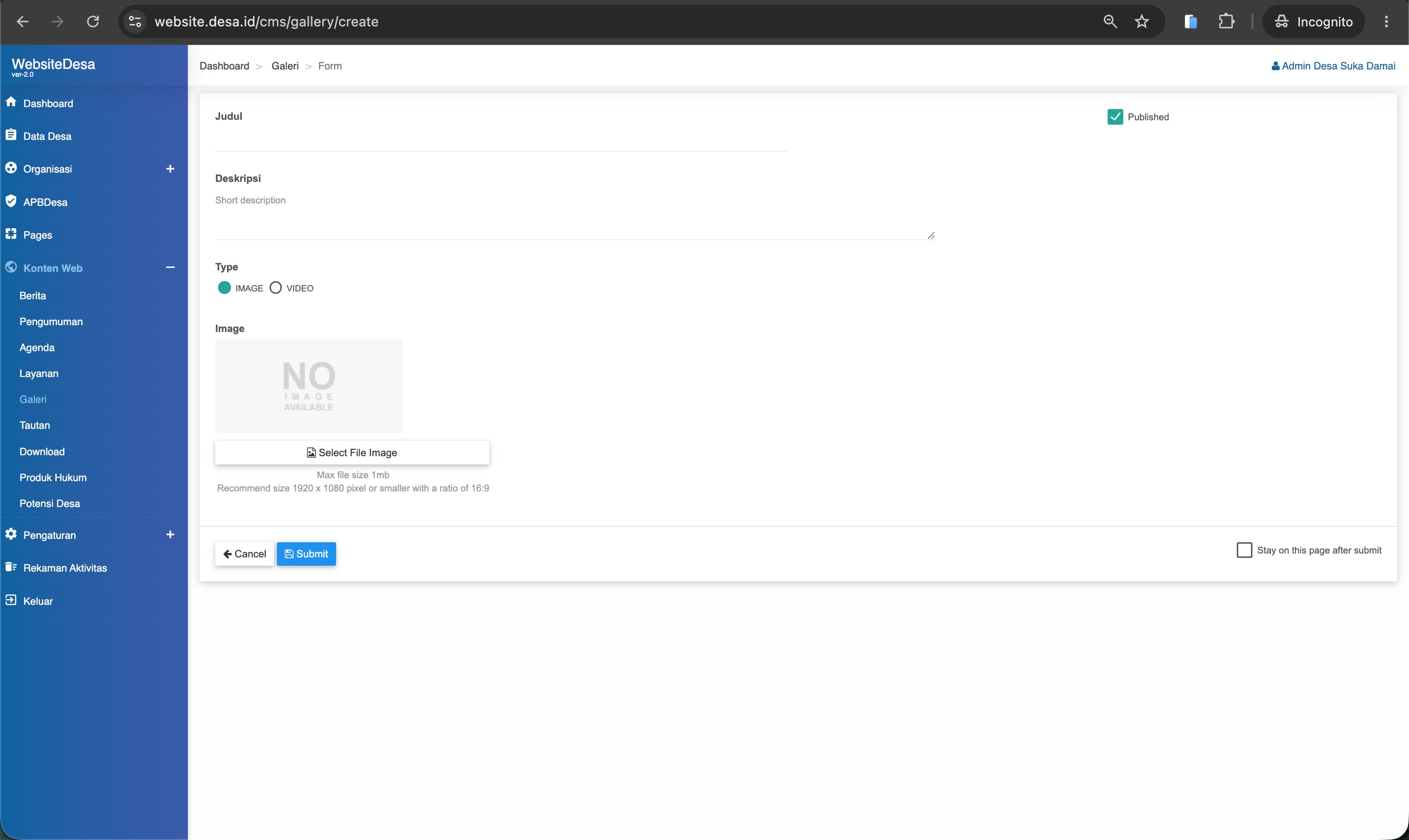 Screenshot Form Tambah Data Galeri