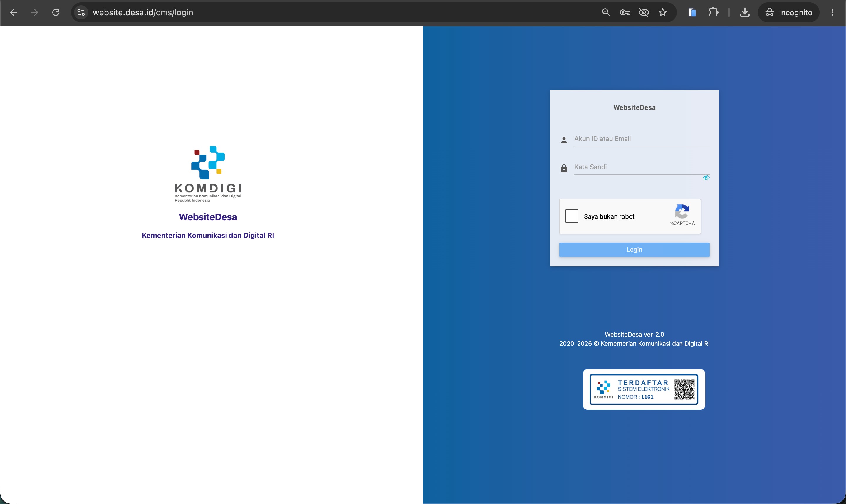 Screenshot Halaman Login Panel Admin