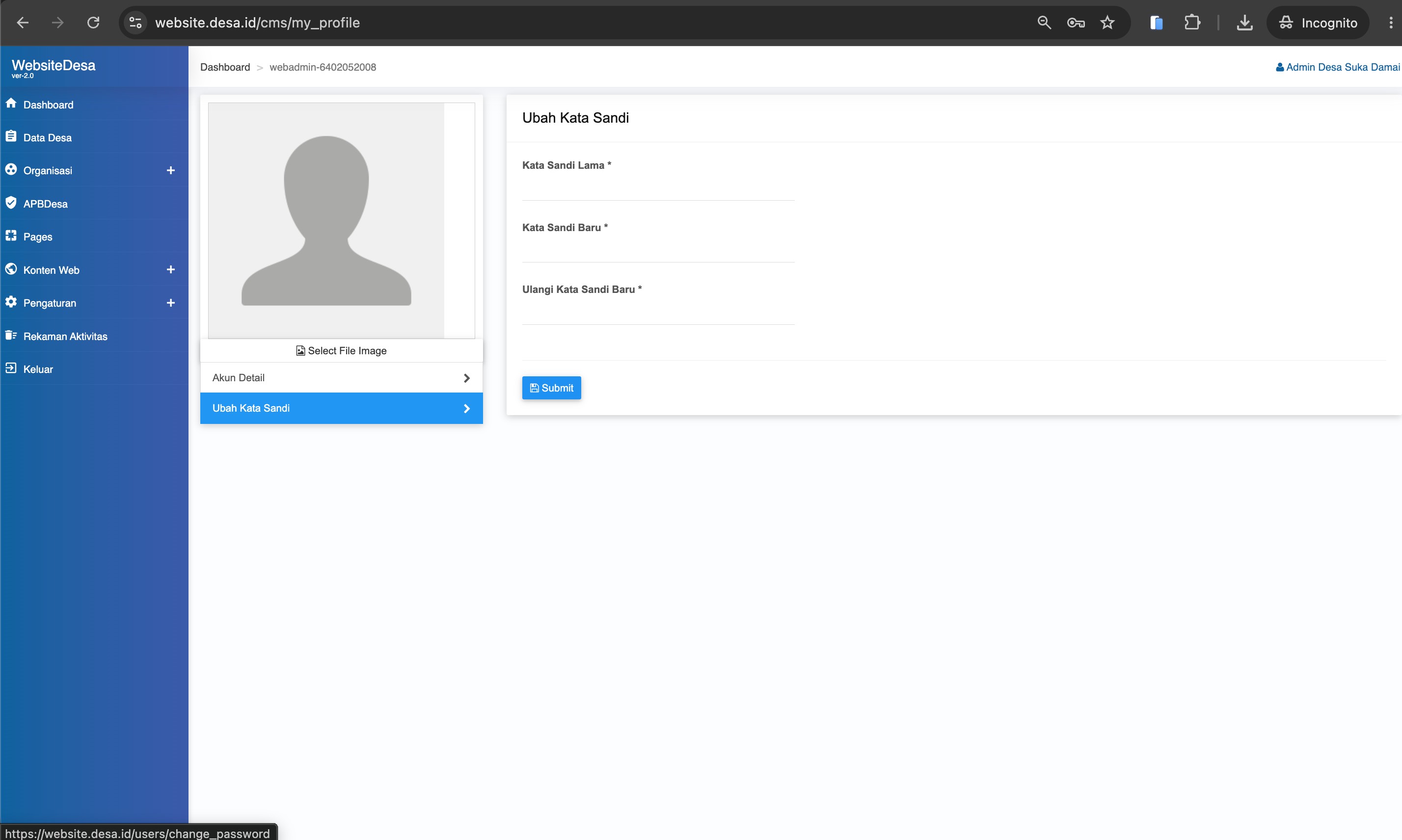 Screenshot Form Ubah Password